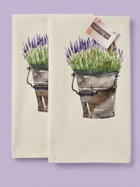 NWT Set of 2 The Spring Shop Lavender Flower Bucket Tea Towels